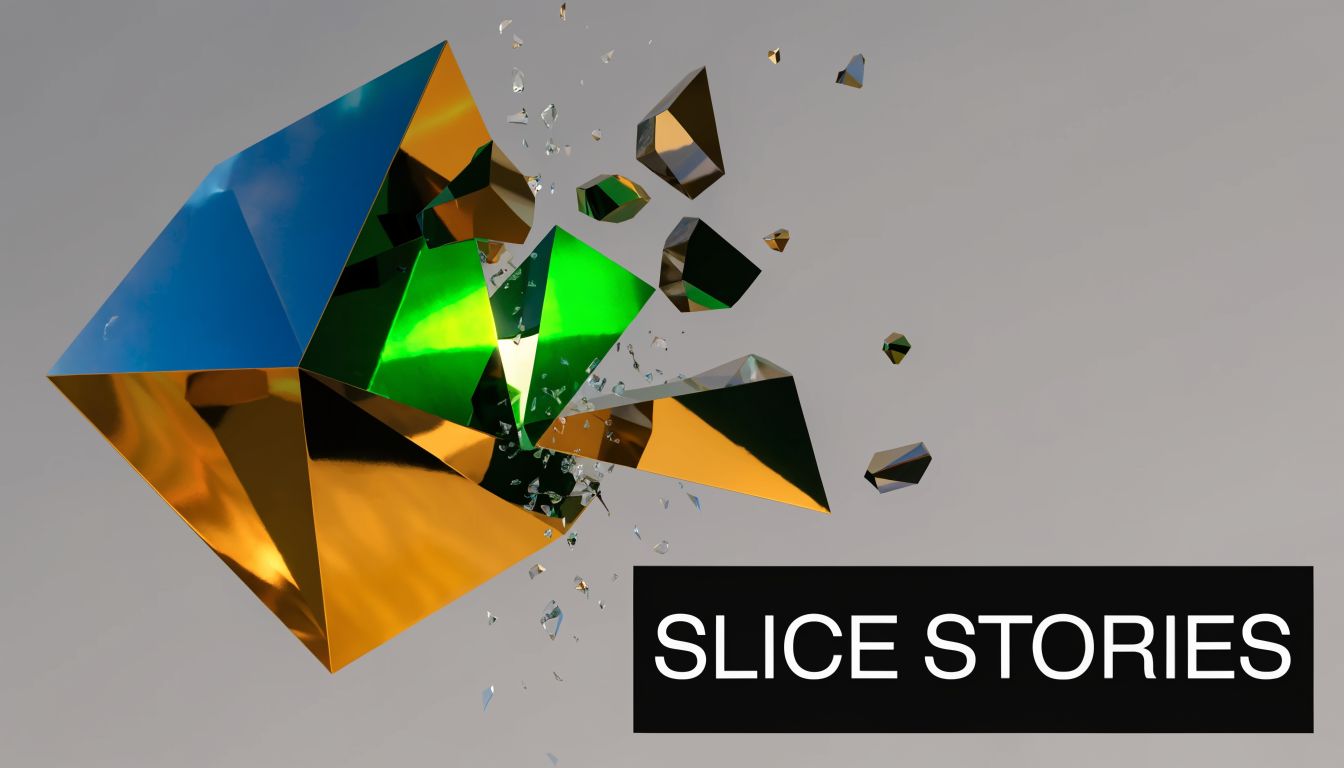An abstract, geometric golden and green crystal shattering into smaller pieces against a light gray background.