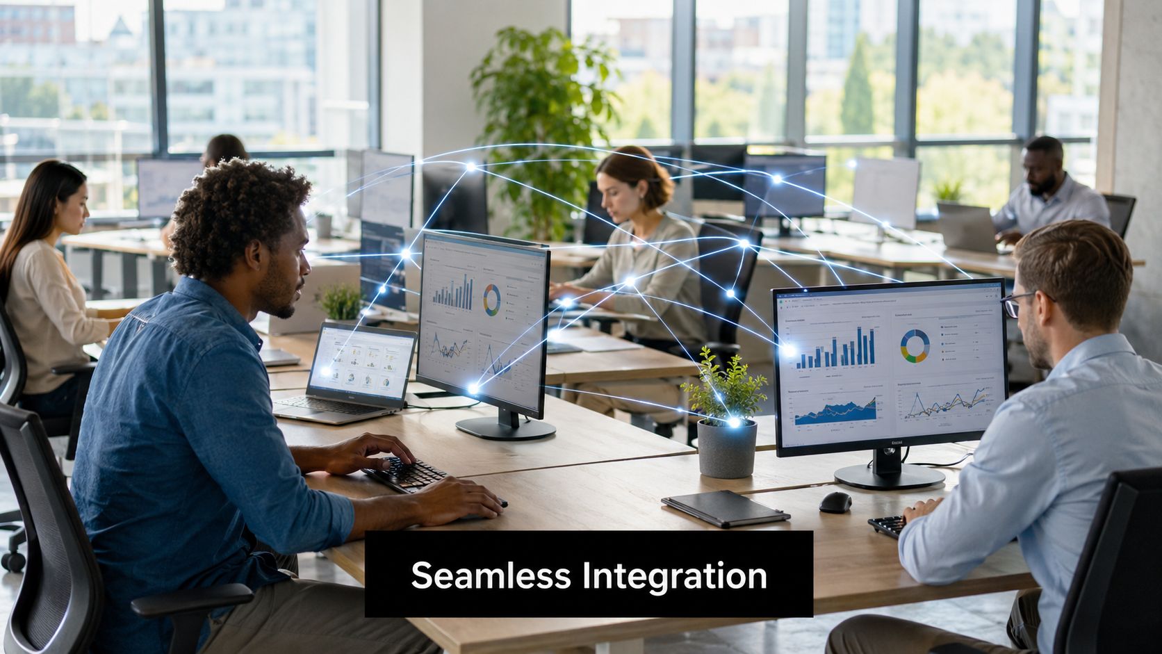 A collaborative office team working on data analytics and AI workflows across multiple computer screens and laptops.