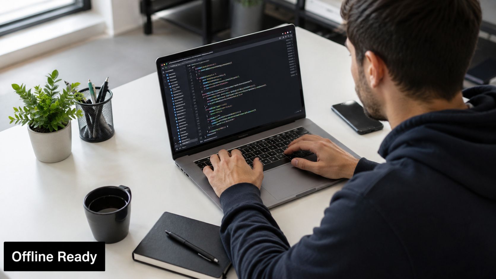 A developer sitting at a desk working on code on a laptop computer in a home office.