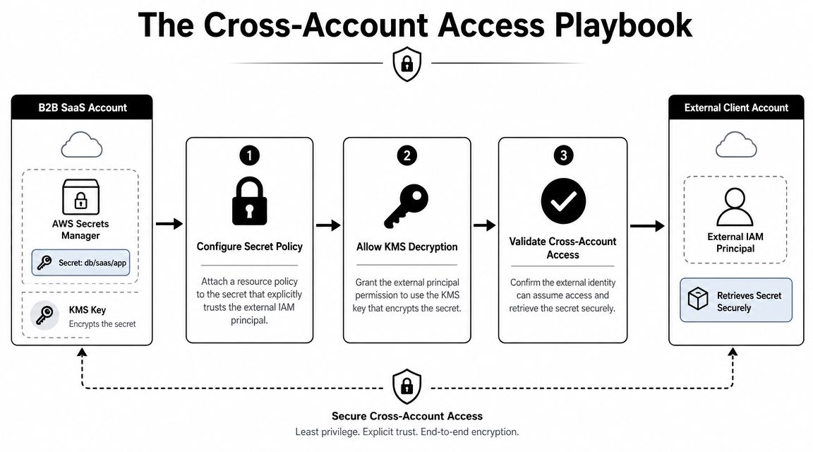 A diagram illustrating the three-step AWS cross-account access playbook for managing secrets across different cloud environments.