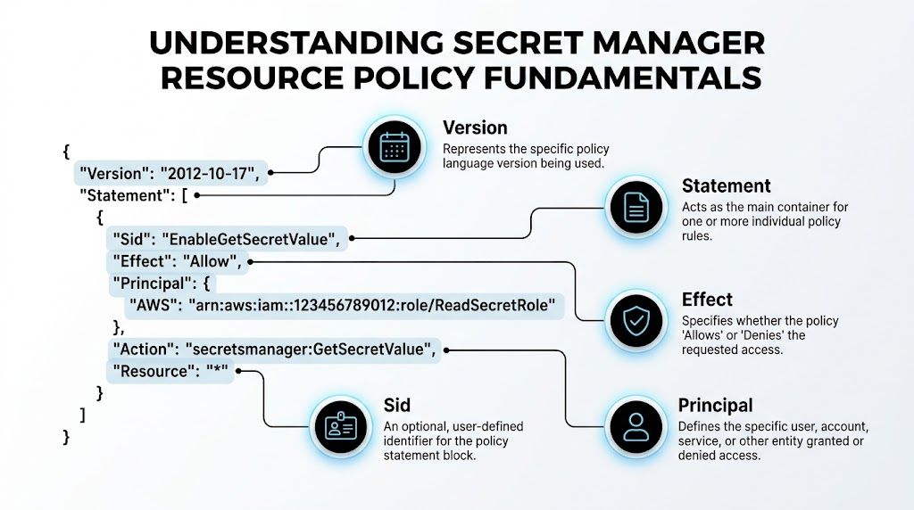 A diagram explaining AWS Secret Manager resource policy components like Version, Statement, Effect, Principal, and Sid.