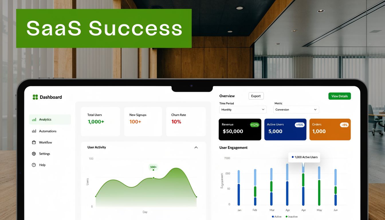 A laptop screen displaying a SaaS analytics dashboard featuring user engagement charts, revenue metrics, and workflow navigation sidebar.