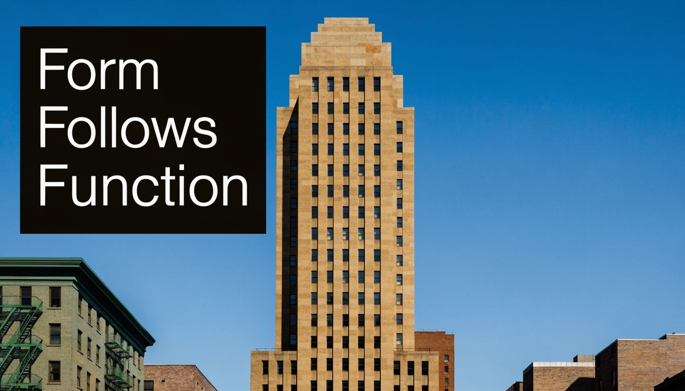 A modern tan skyscraper rises against a clear blue sky with the text Form Follows Function overlayed.