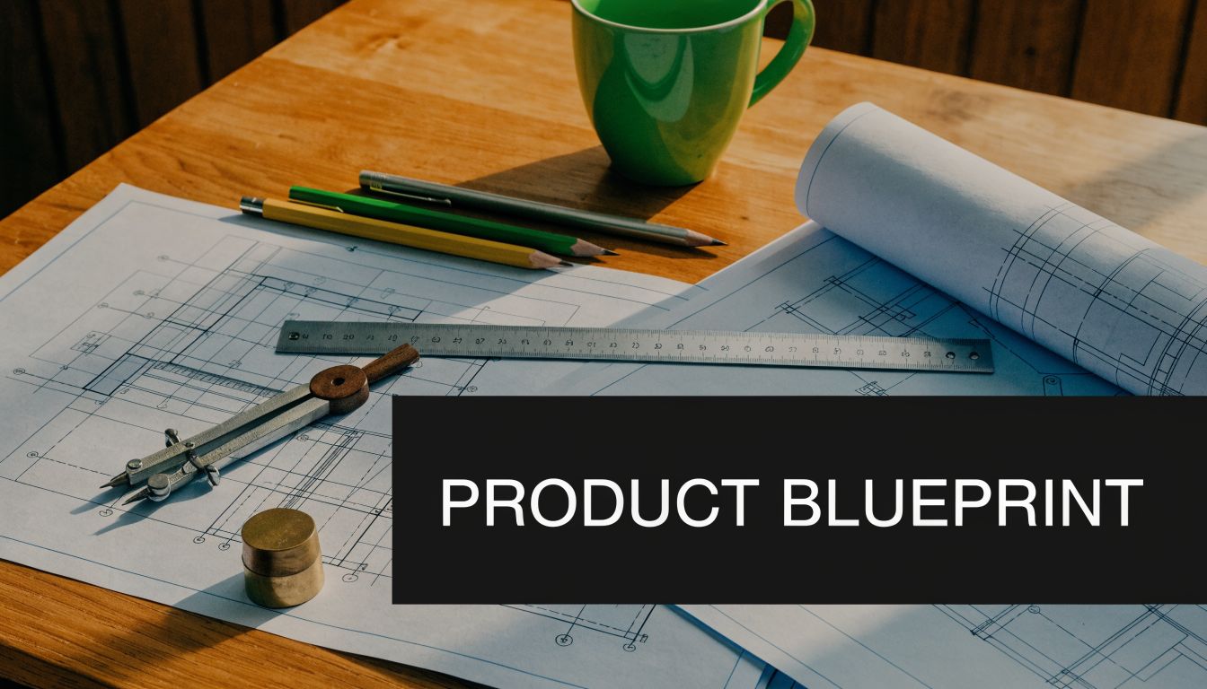A product blueprint laid out on a wooden table with drafting tools, pencils, and a green mug.