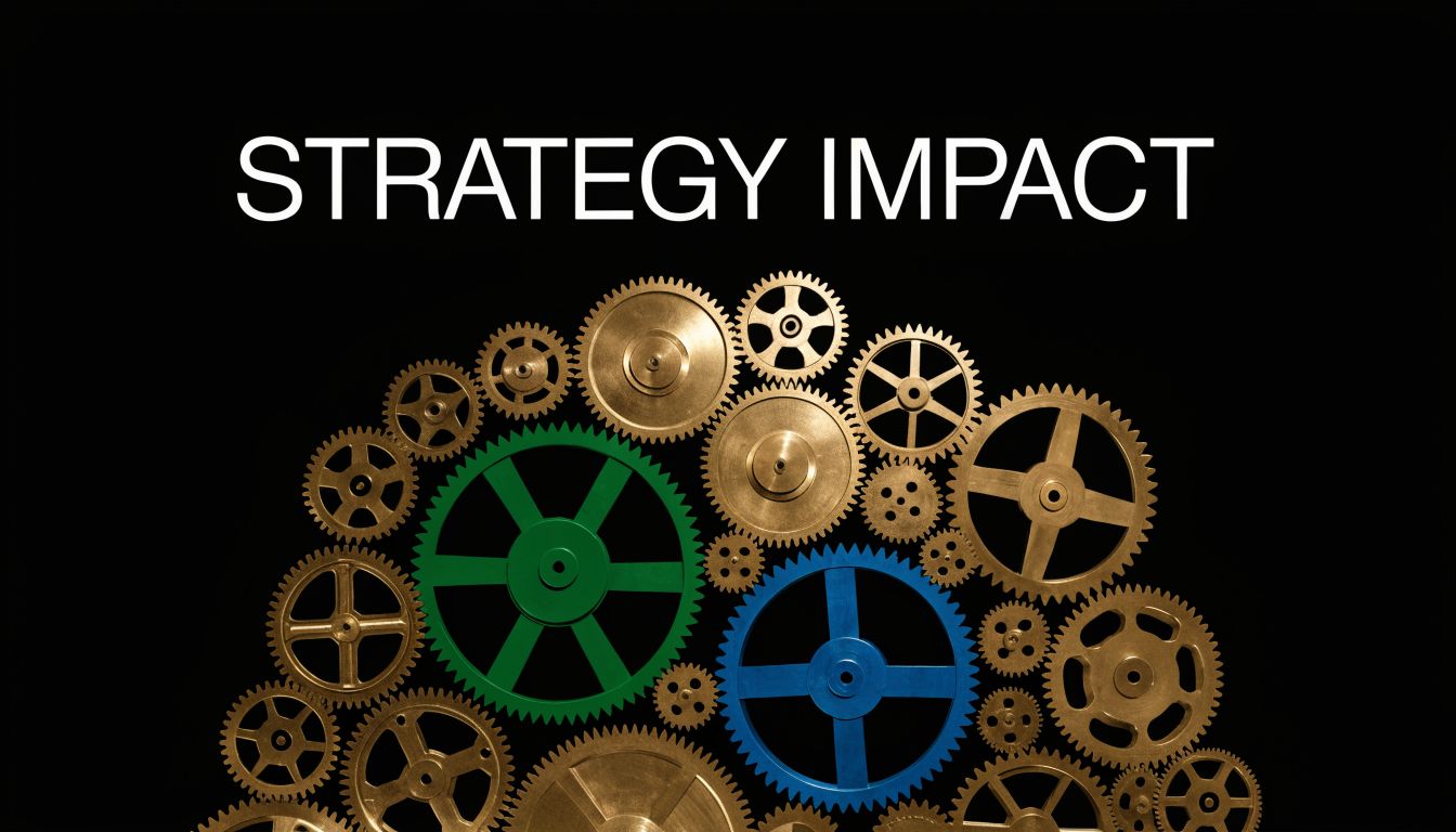 A close-up of various bronze, green, and blue gears arranged together on a black background.