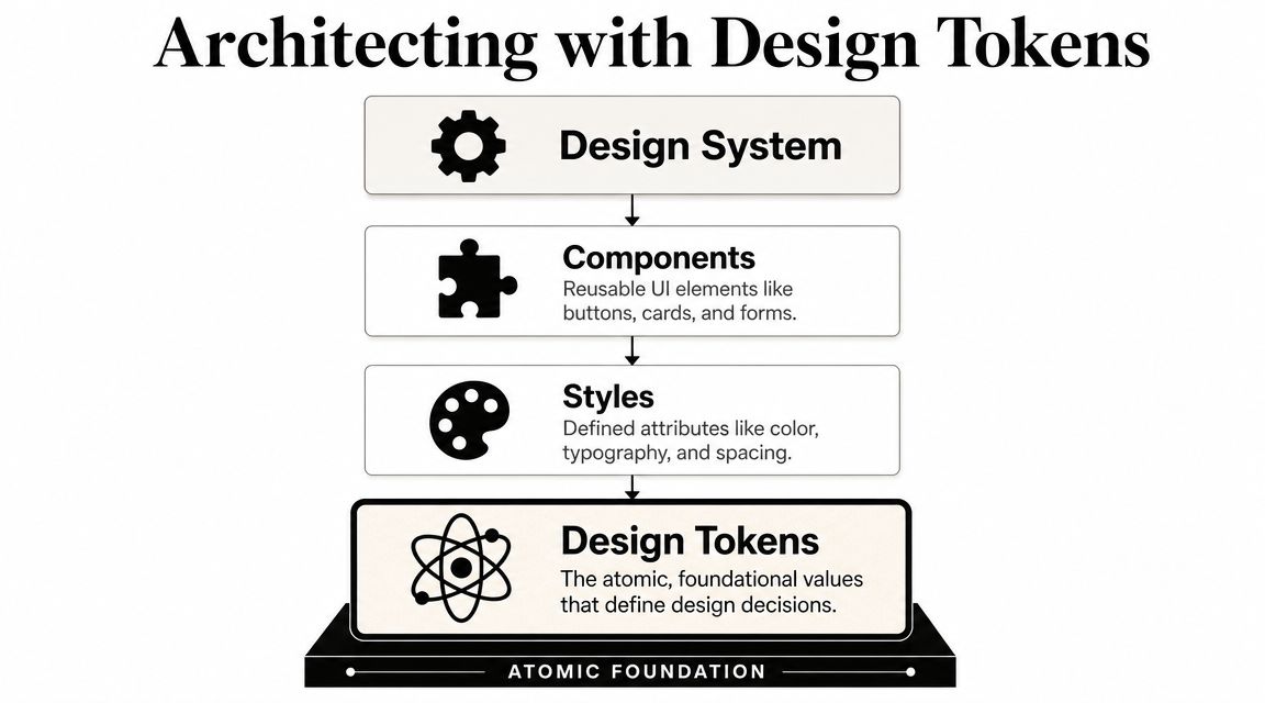 A hierarchical flowchart illustrating the architecture of a design system from components to design tokens.