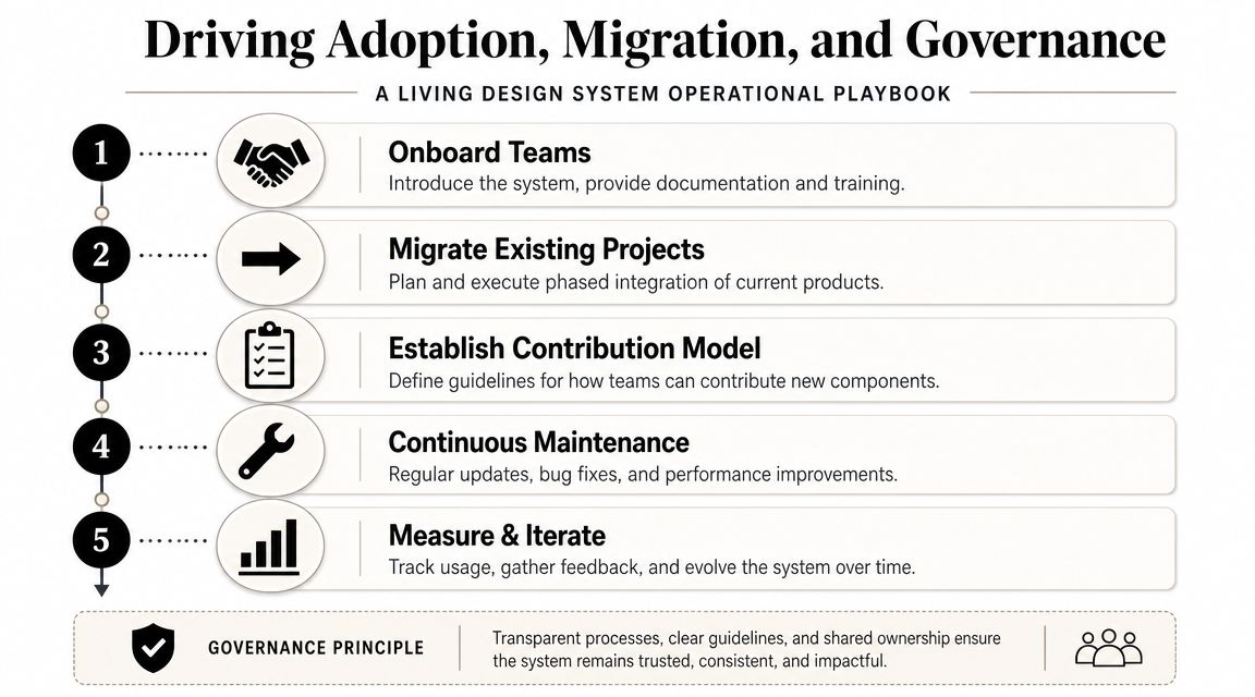 A five-step operational playbook infographic showing the process of driving design system adoption, migration, and governance.