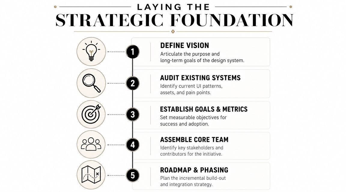 A five-step infographic outlining the strategic foundation for creating and implementing an effective design system.