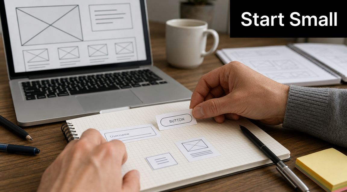 A designer's hands arranging paper UI elements like buttons and input fields on a wireframe notebook desk.