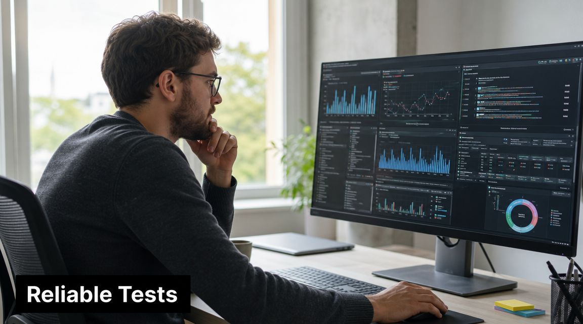 A man wearing glasses sitting at his desk working on computer screen with complex data charts.