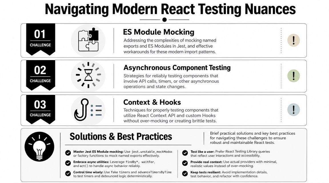 An infographic titled Navigating Modern React Testing Nuances, highlighting challenges and best practices for Jest and React testing.