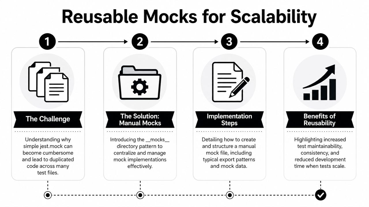 A four-step infographic illustrating the strategy of using manual mocks for scaling Jest test automation projects.