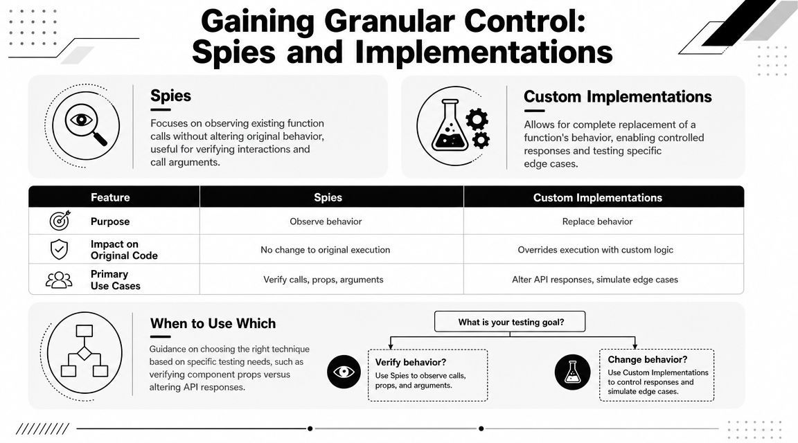 A comparison chart explaining the differences between using Spies and Custom Implementations in software testing.