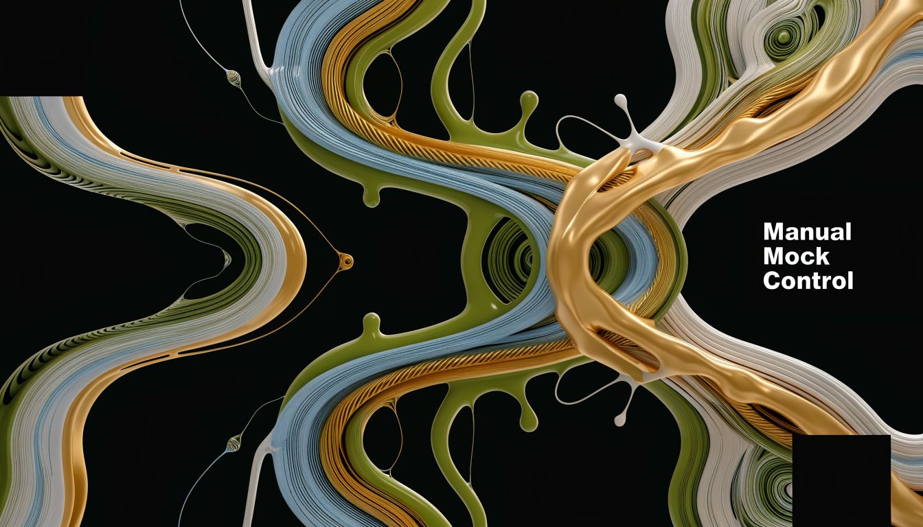 Abstract 3D design featuring flowing liquid layers of green, blue, white, and gold on a black background.