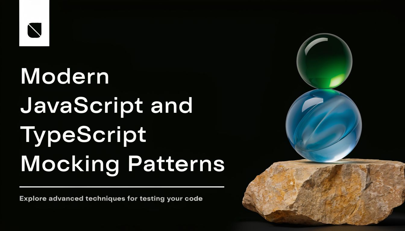 A graphic featuring the text Modern JavaScript and TypeScript Mocking Patterns with abstract glass orbs on rock.