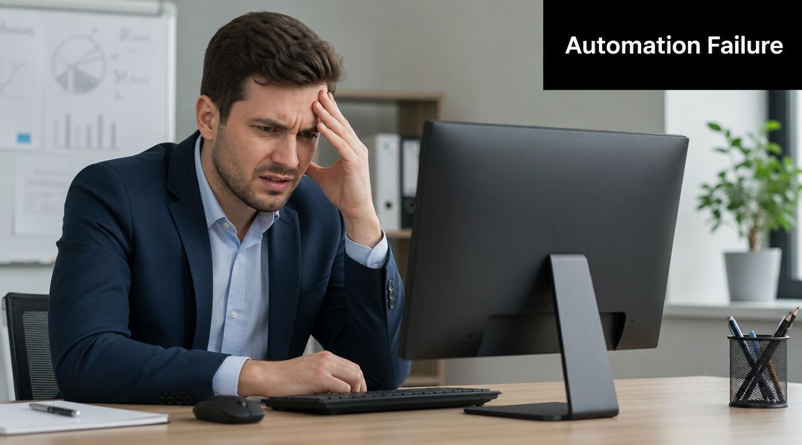 A stressed businessman sitting at his desk looking frustrated at his computer screen in an office.
