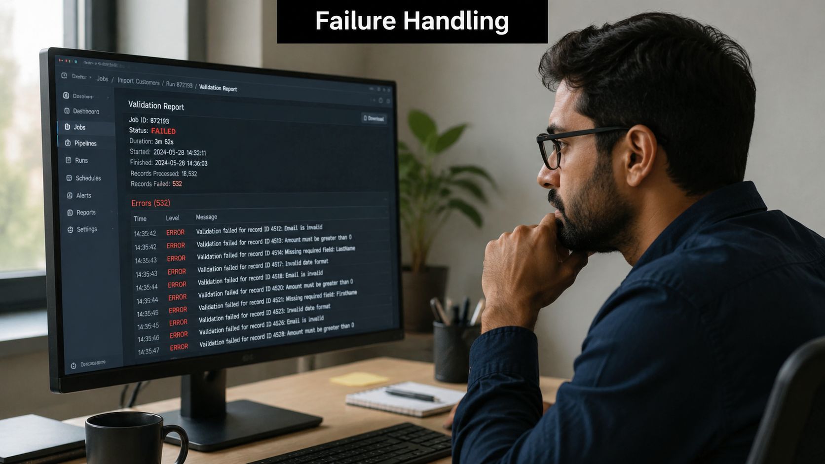 A man observing a computer monitor displaying a failed software validation report for data processing tasks.