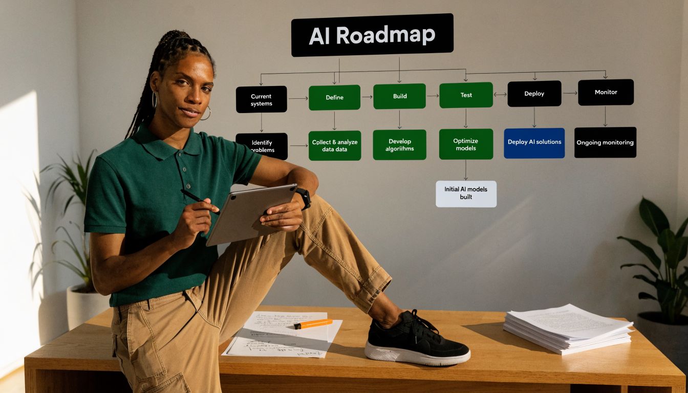 A professional woman in an office setting reviewing an AI roadmap infographic on her tablet.