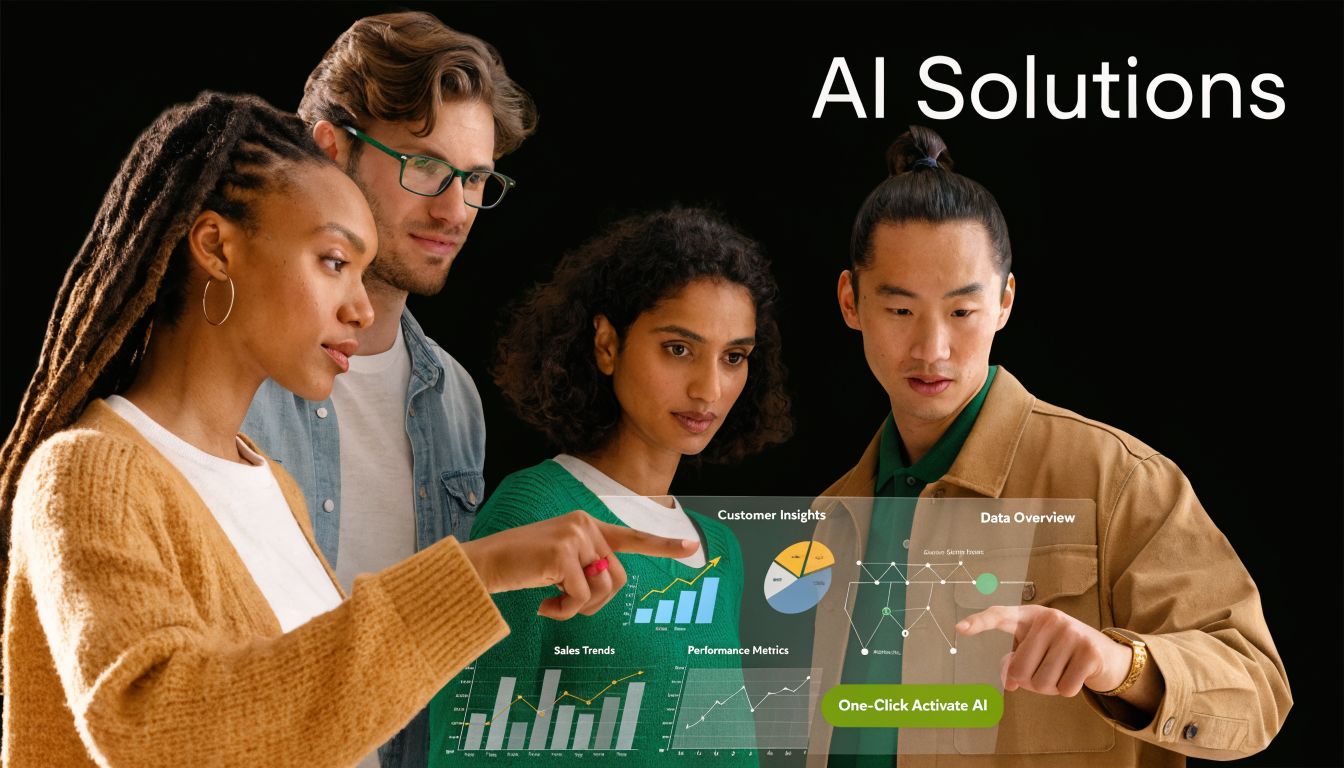 A diverse group of professionals collaborating on data analytics and AI insights using a digital interface.