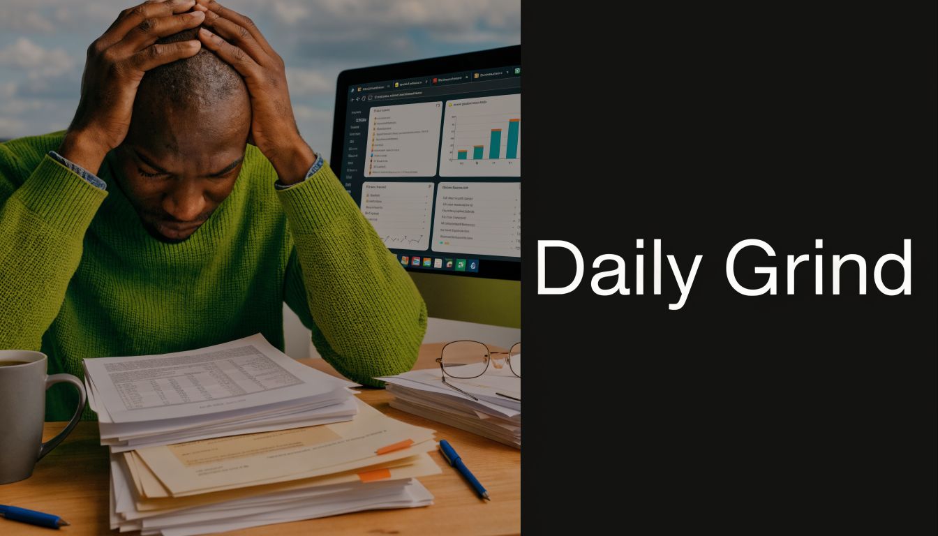 A stressed man with his head in his hands, overwhelmed by work and data at his desk.