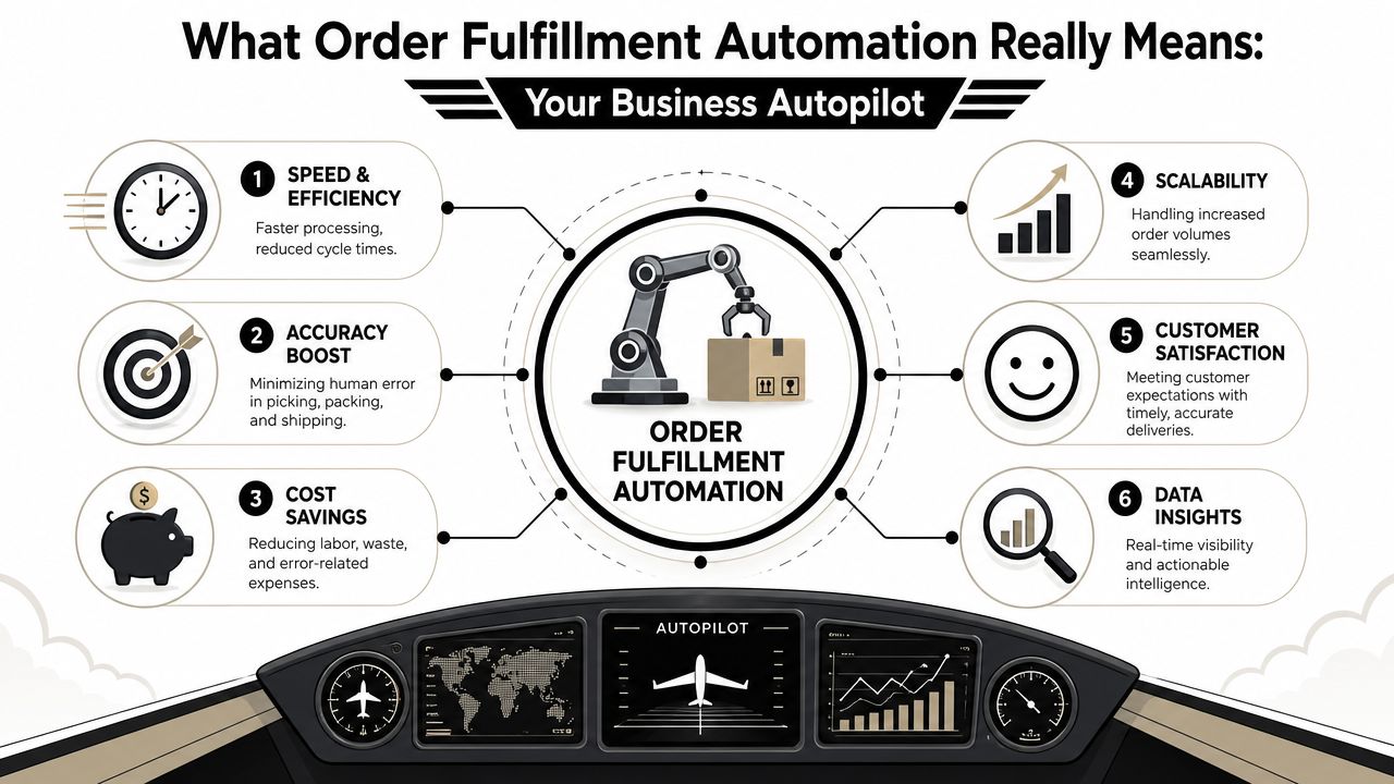 An infographic titled Order Fulfillment Automation showing six key benefits surrounding a central robotic arm illustration.