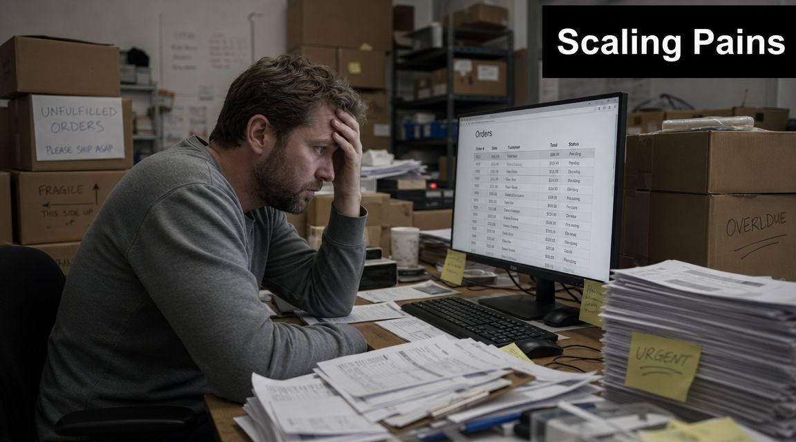 A stressed warehouse manager sitting at a desk overwhelmed by a large stack of orders and paperwork.