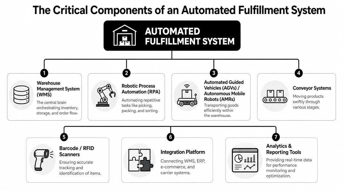 A diagram outlining the seven critical components of an automated fulfillment system for modern warehouses.