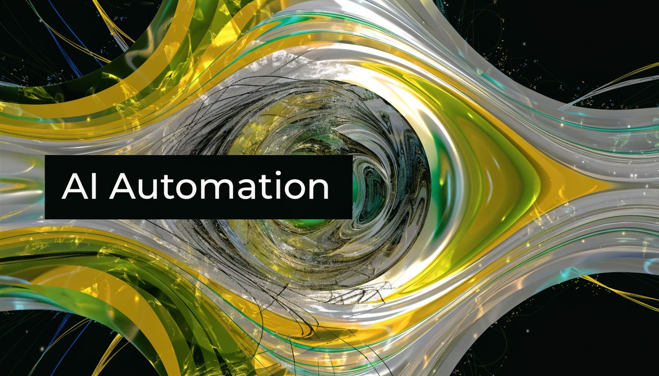 A digital graphic featuring an abstract wave pattern with yellow and white curves and the text AI Automation.
