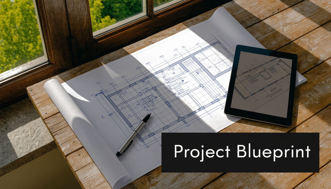 An architectural floor plan blueprint with a digital tablet and pen resting on a wooden table.
