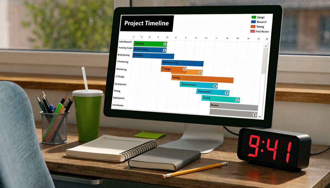 A computer monitor showing a detailed website development project timeline chart on a tidy wooden desk.