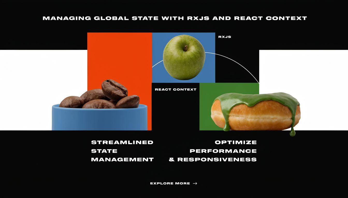 A graphic design comparing RxJS and React Context for managing global state with coffee beans and doughnuts.