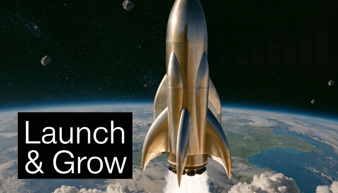 A golden rocket ship launching into space above Earth with the words Launch and Grow displayed.