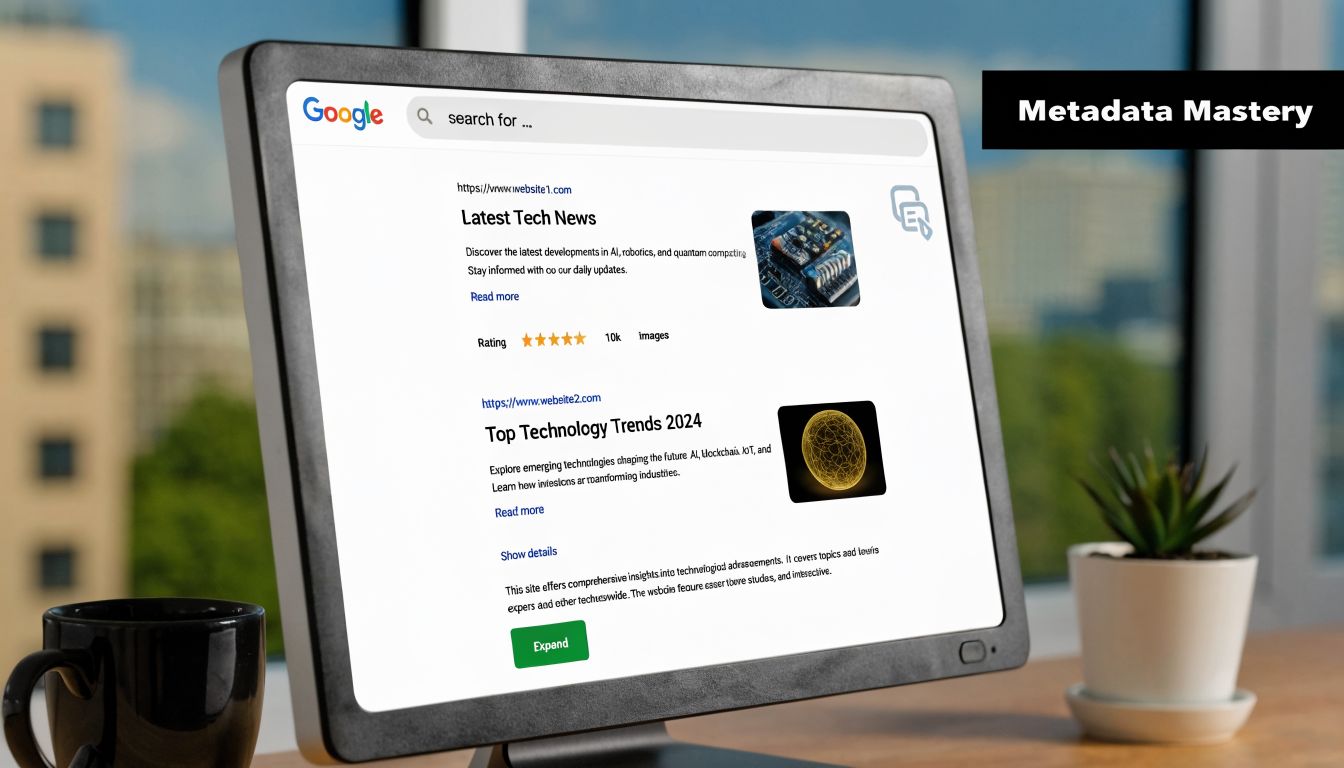 A digital display showing a Google search results page with tech news and trends listings.