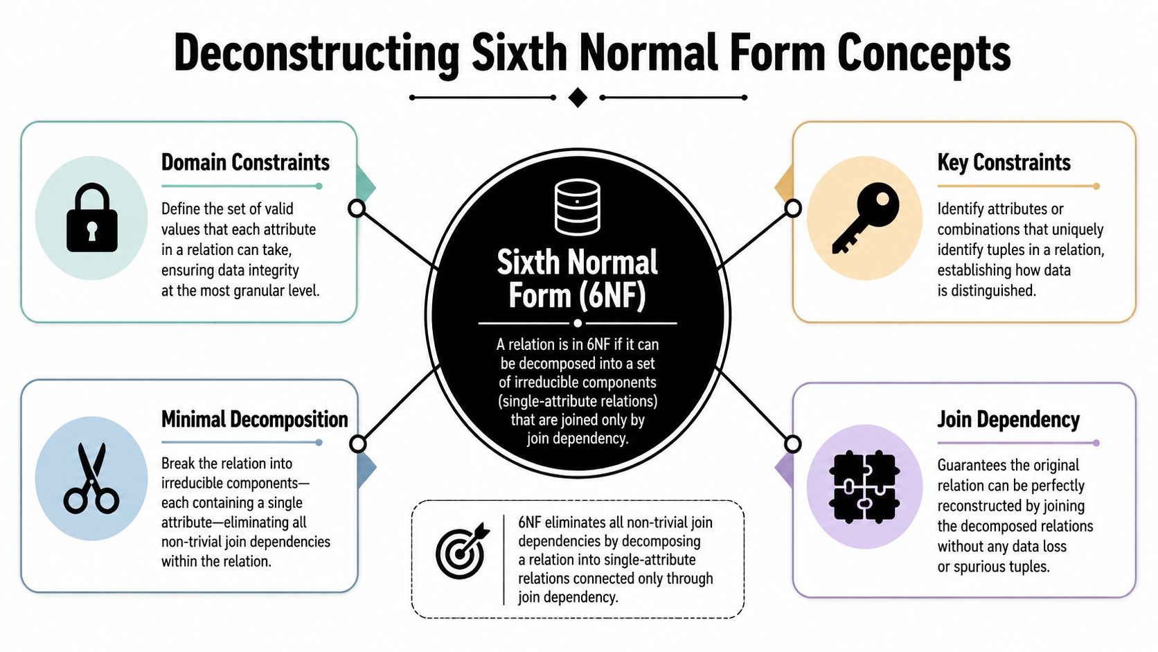 A diagram illustrating the concepts of Sixth Normal Form, including domain constraints, key constraints, minimal decomposition, and join dependency.