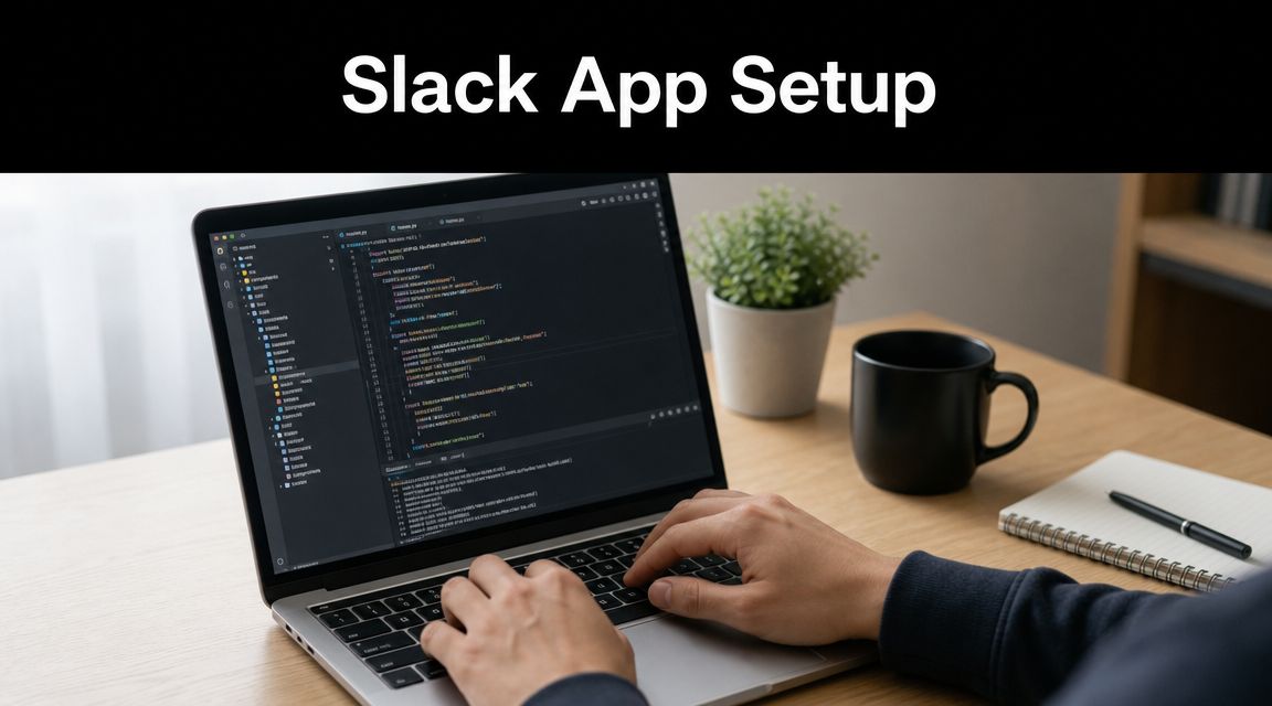 A developer typing code on a laptop screen displaying a Slack application setup file on a desk.