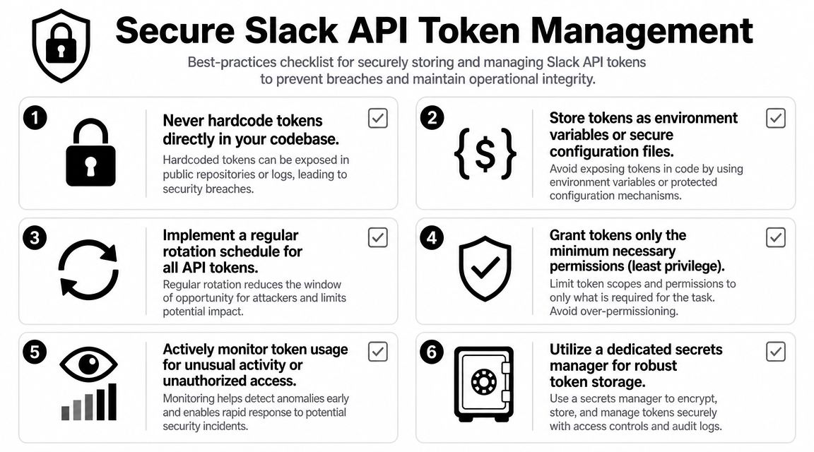 An infographic checklist outlining six essential best practices for securely managing and storing Slack API tokens.