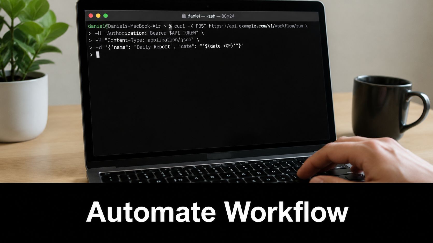 A person using a laptop to automate a workflow with a command line API script.