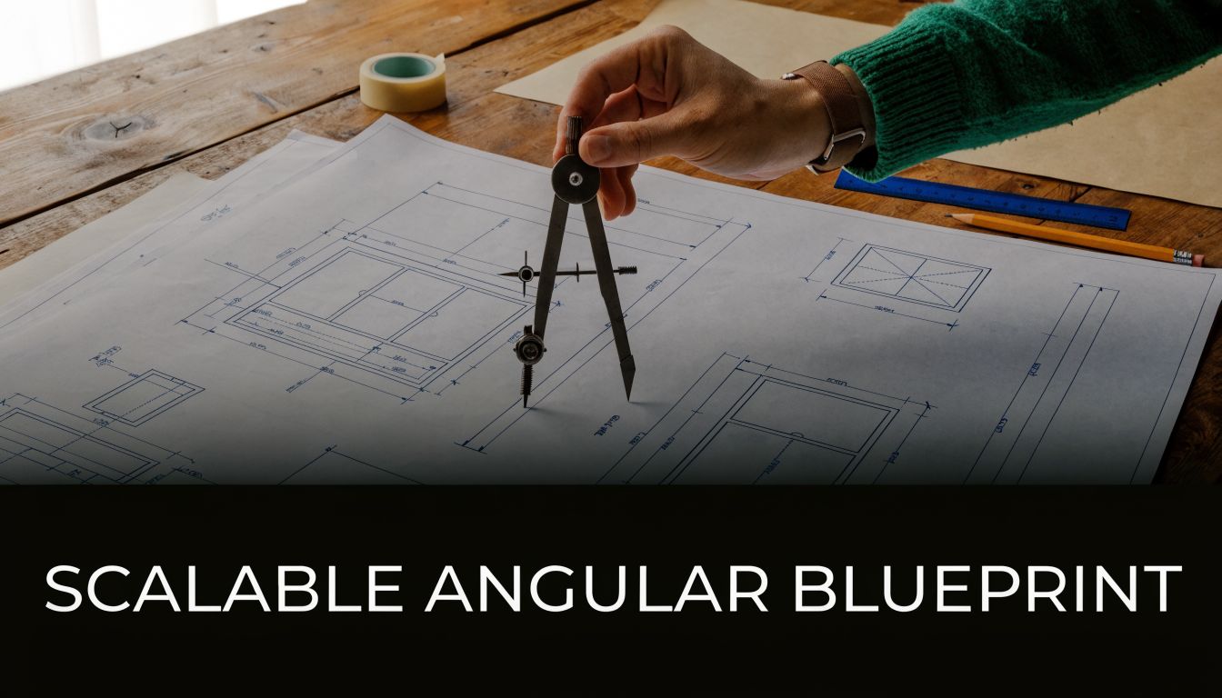 A person using a drafting compass on a large architectural blueprint spread out on a wooden table.