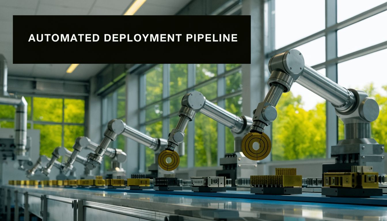 A line of industrial robotic arms assembling electronic components on an automated factory production conveyor belt.