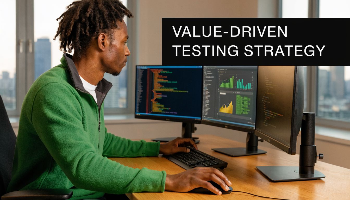 A professional software developer working on code and data analytics across multiple monitors in a modern office.