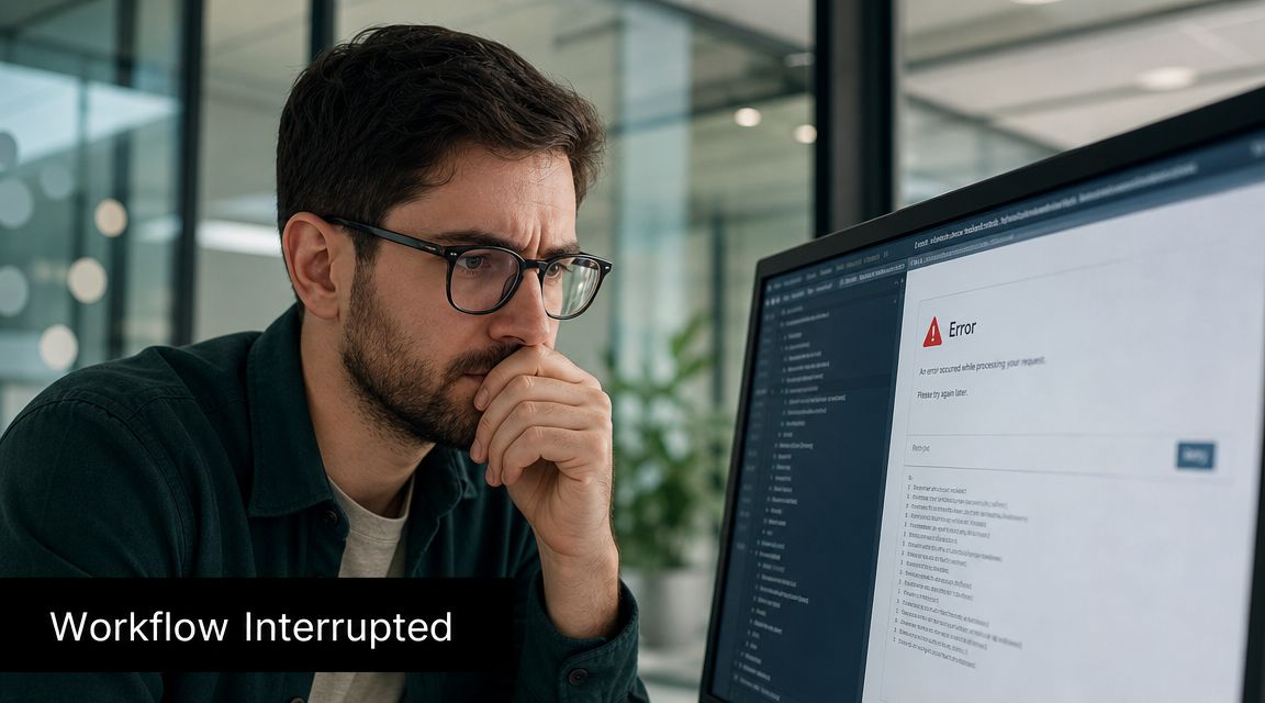 A concerned developer looking at a computer monitor displaying an error message during his coding workflow.