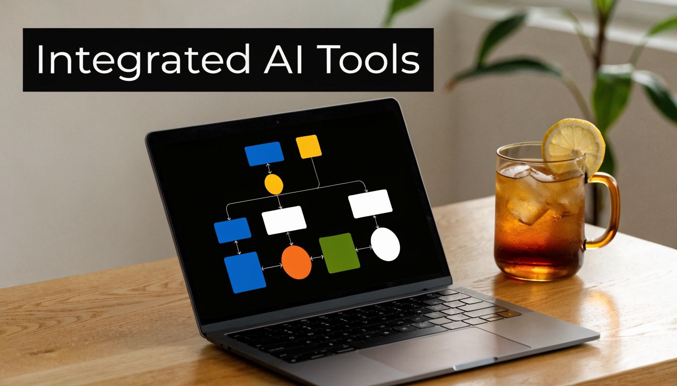 A laptop on a wooden desk displaying an AI integration flow chart with a glass of tea.