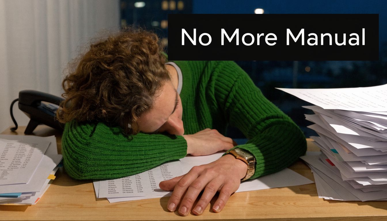 An exhausted office worker rests their head on a desk covered with stacks of paperwork.