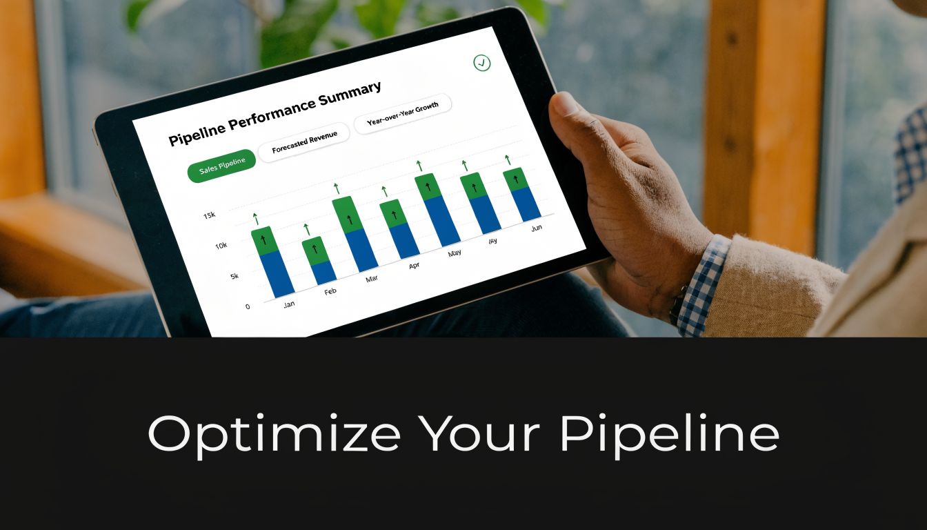 A person viewing a digital tablet screen showing a sales pipeline performance summary chart with monthly trends.