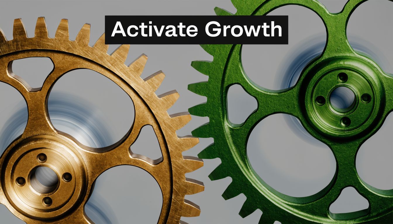 A close-up view of two interlocking brass and green gears rotating against a plain gray background.