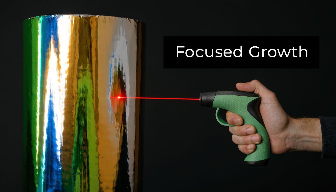 A person holding a green laser pointer directed at a shiny metallic cylinder with text overhead.