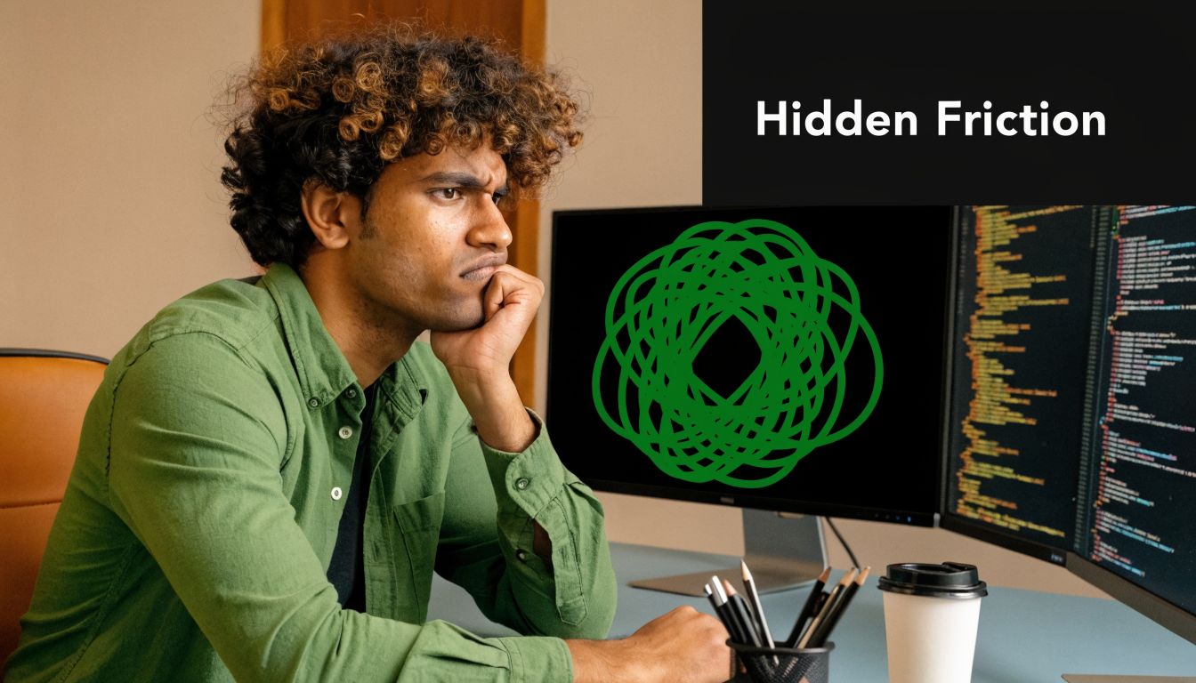 A focused developer with curly hair contemplates code on dual monitors while sitting at his desk.
