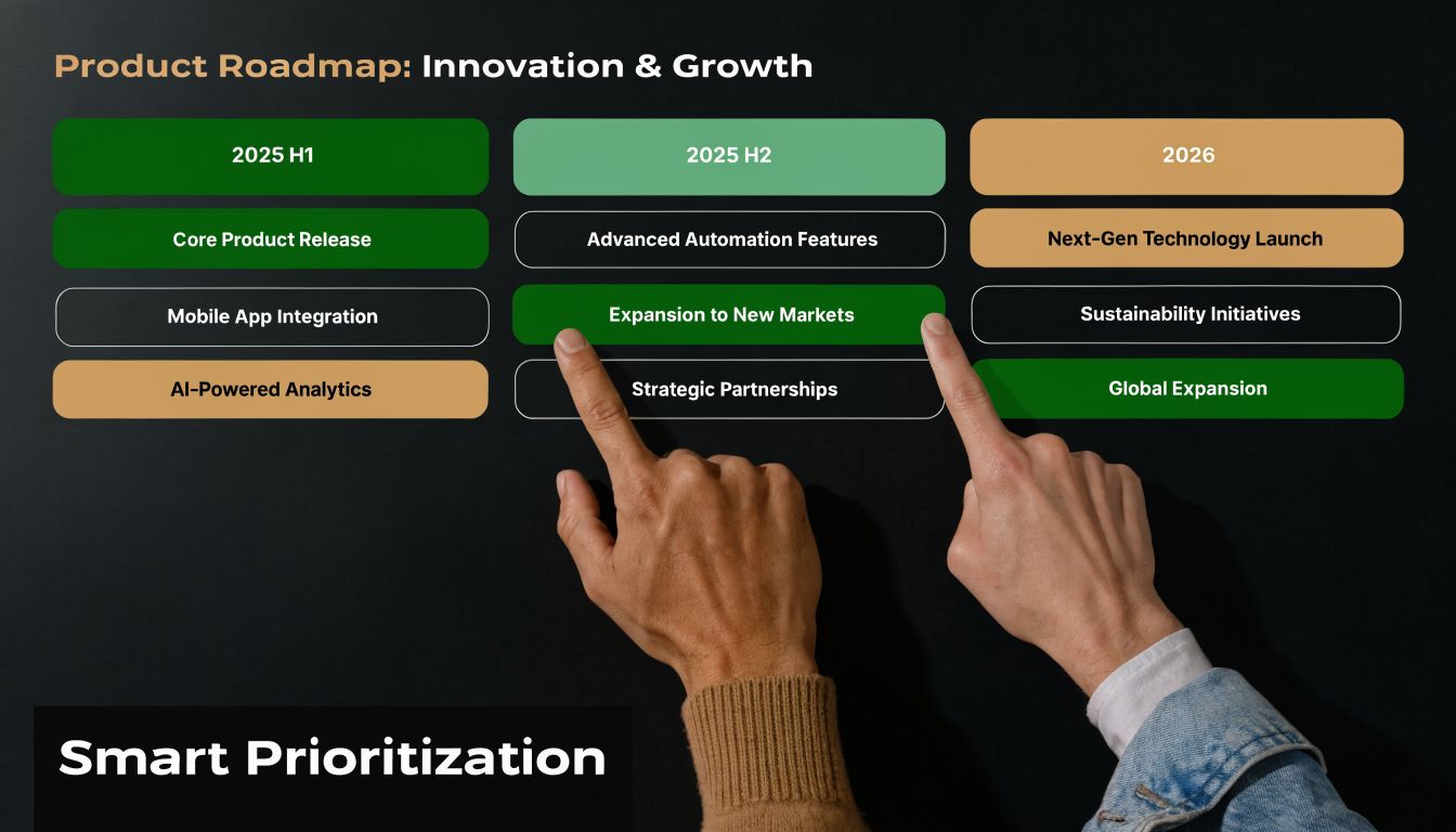 A conceptual image showing hands pointing at a product roadmap chart for innovation and growth strategies.