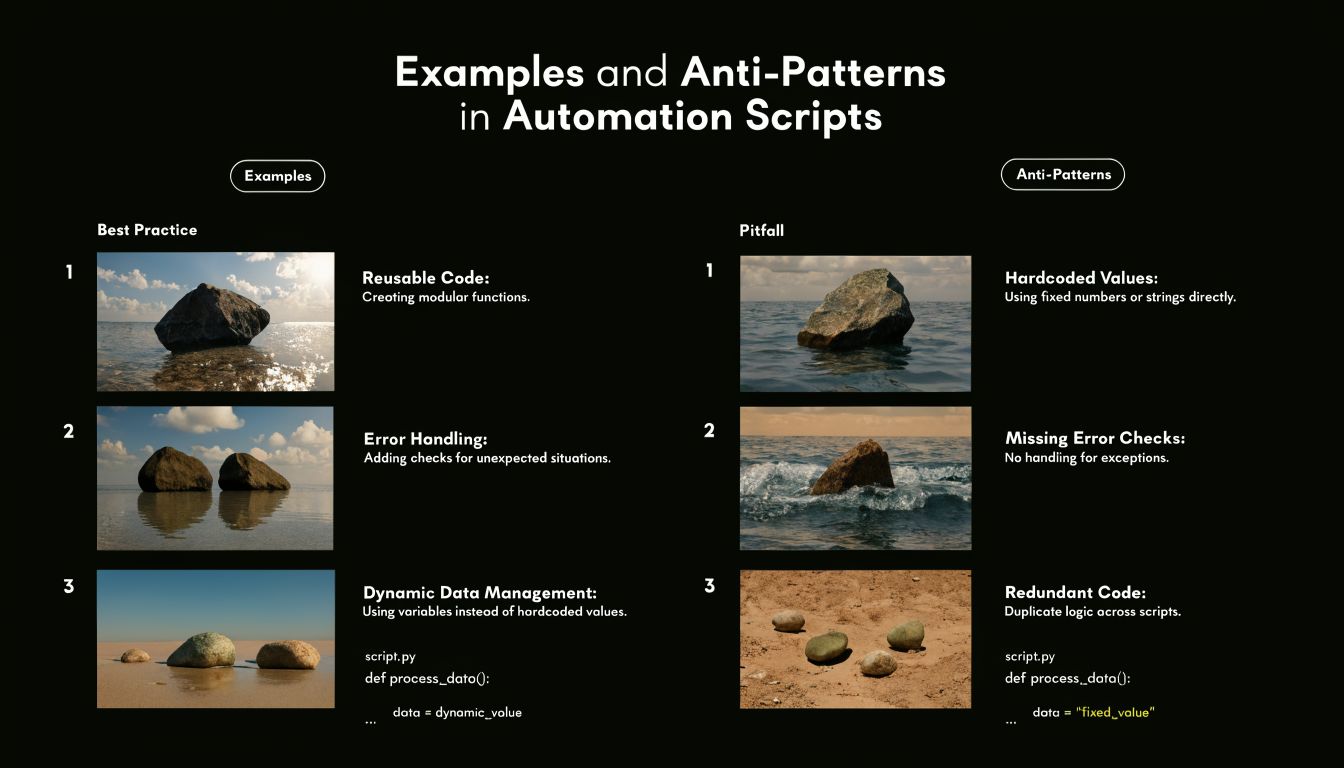 A comparison infographic showing best practices versus anti-patterns in automation scripts using rock and landscape metaphors.