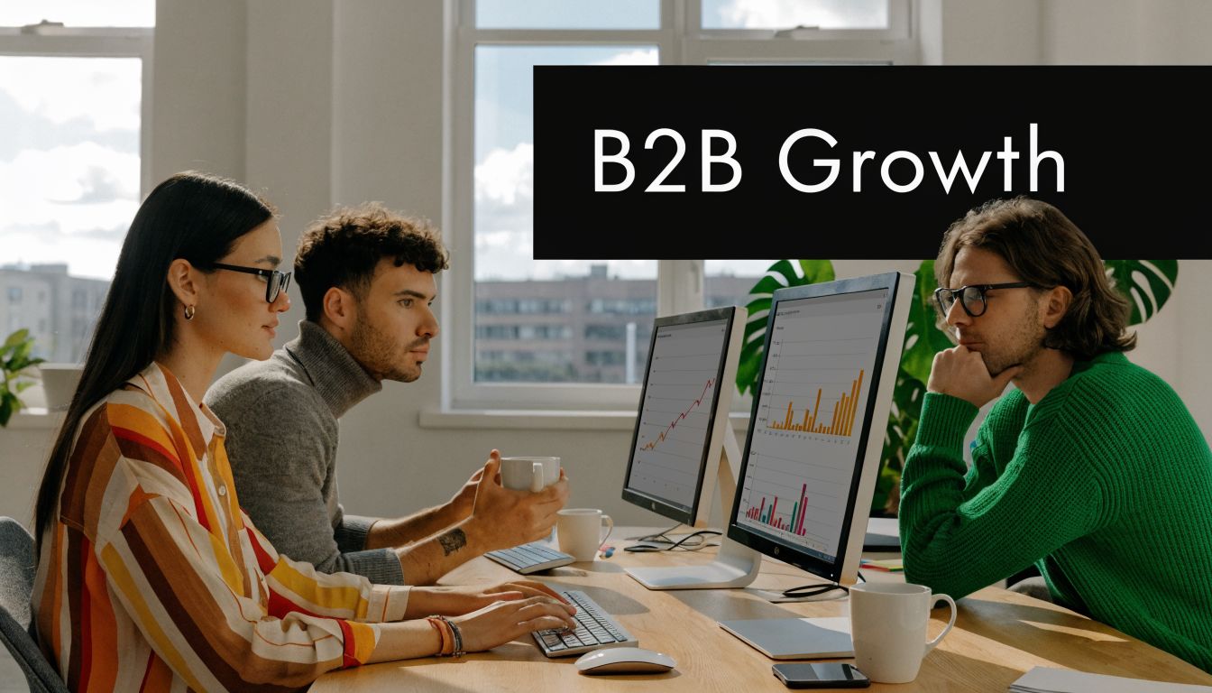 A professional team collaborating on business growth strategies using data analytics displayed on computer monitors.